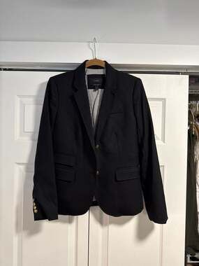 J.Crew Schoolboy Blazer in Black Wool with Gold Buttons and Striped Lining